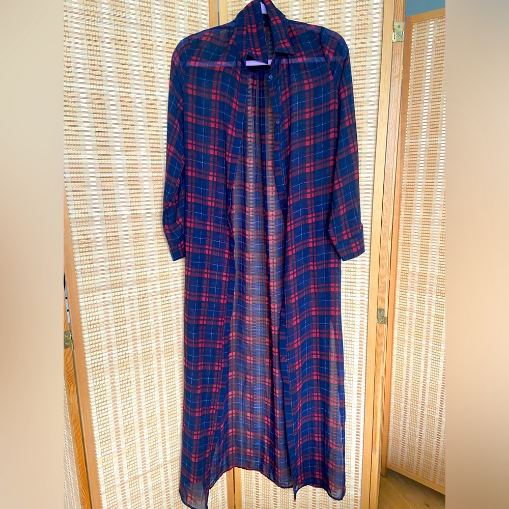 Lumiere nasty gal plaid navy red checkers sheer cover-up dress long blouse S